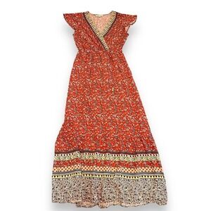 Behop Damask Floral Bohemian Maxi V-neck Dress Women's Red M